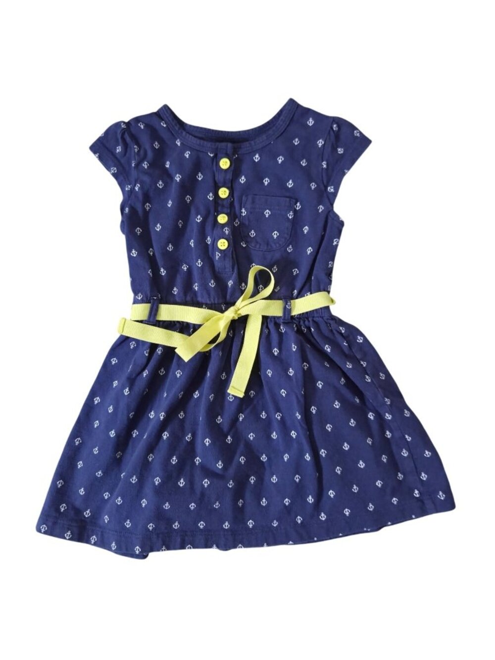 Toddler Girls Navy Blue Anchor Print Dress Yellow Belt Buttons 2T 100% Cotton